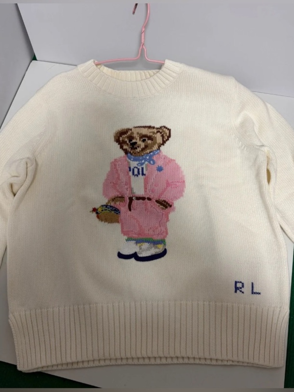 Polo by Ralph Lauren Cream Bear-Graphic Crewneck Sweater with Pink Accents